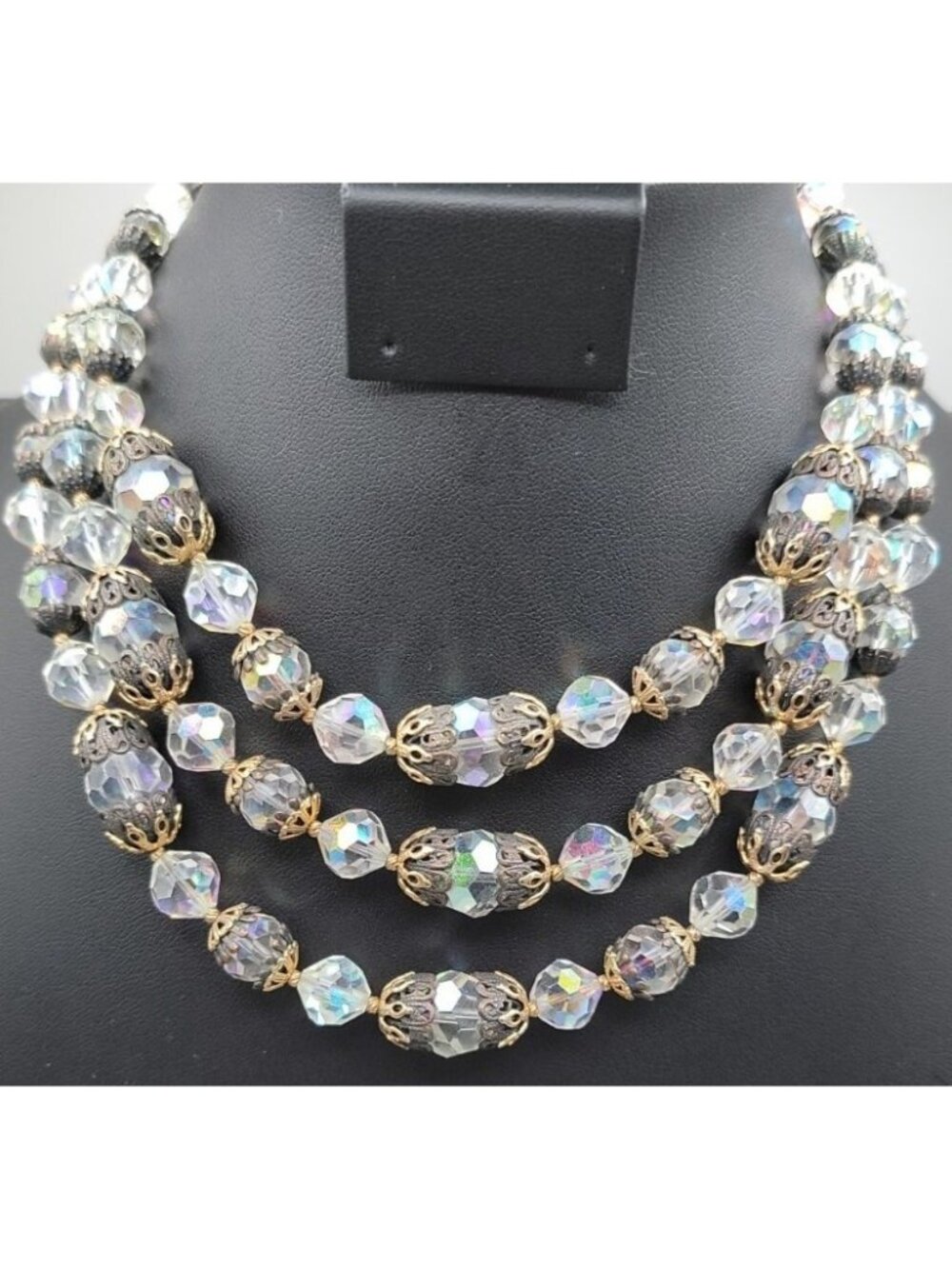 Vintage Vendome Aurora Borealis Crystal Beaded Necklace Filigree Caged  Choker